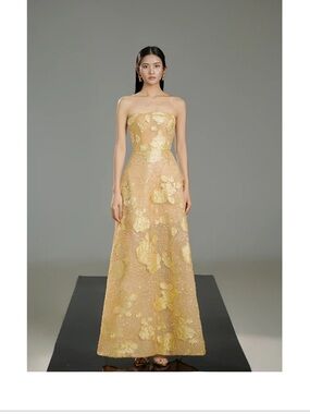 Strapless Gold Floral Embroidered Evening Dress